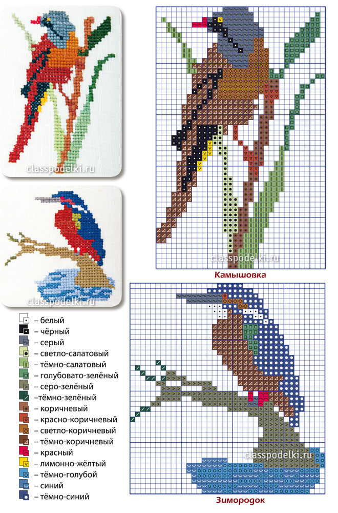 Схемы вышивания крестиком птиц зимородок и камышовка.