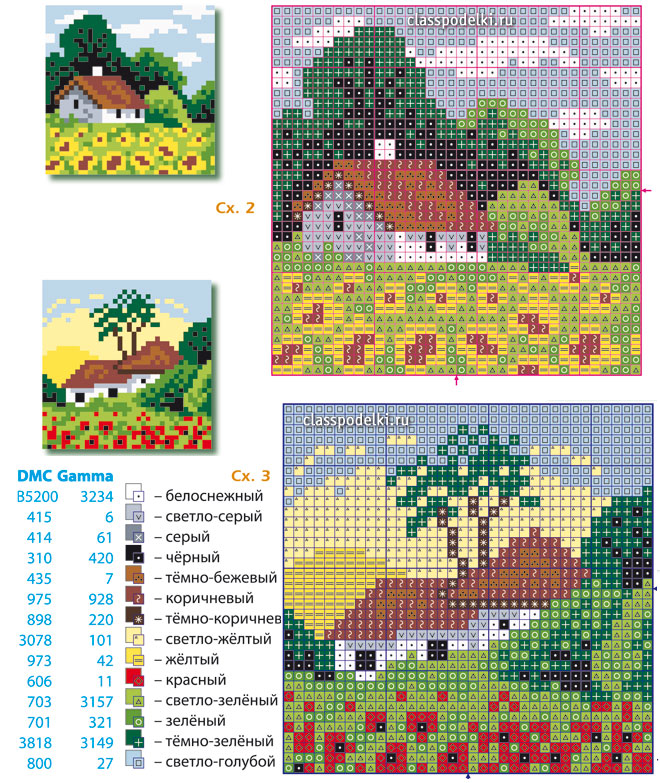 Схема вышивания крестиком сельского домика с обозначениями цветов нитей мулине.