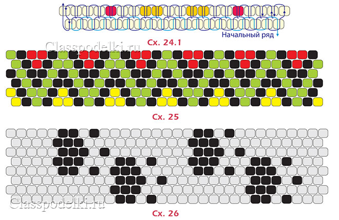 Схемы мозаичного низания (кирпичный стежок) из бисера для заколок.
