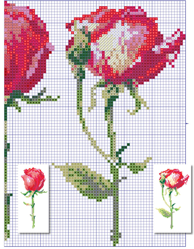 Бесплатная схема вышивания крестом букета роз с обозначениями цветов нитей мулине.