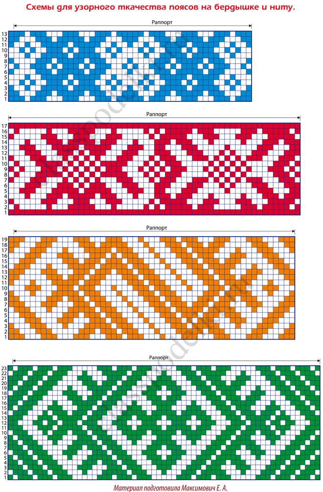 Схемы для узорного ткачества поясов на бердышке и ниту.