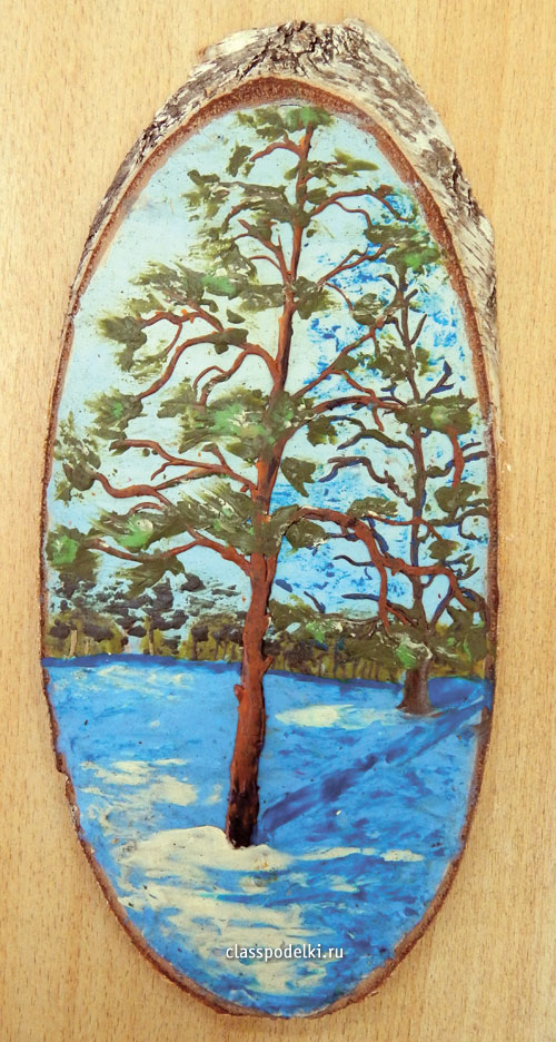 Панно «Заснеженные деревья» из пластилина.