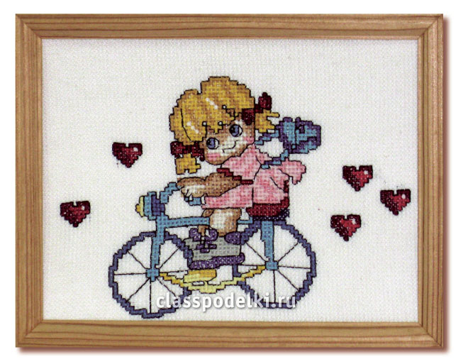 Девочка на велосипеде, вышивка крестиком.