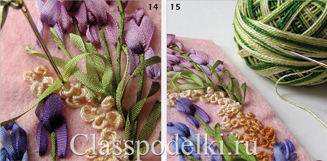 Фото мастер-класса по вышиванию лентами цветов на закладке для книги.