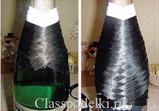Фото мастер-класса по декорированию свадебных бутылок шампанского в стиле «Жених и невеста».