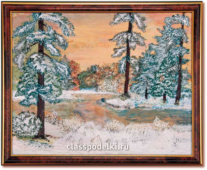 Рисованная огнём картина с зимним пейзажем.