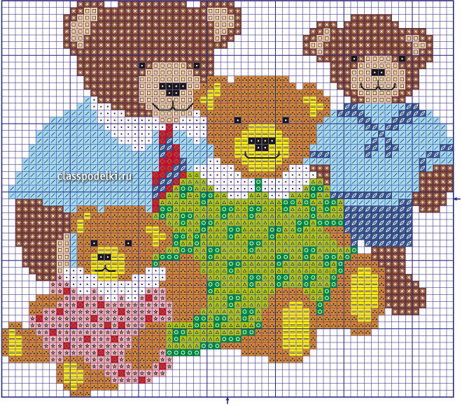 Схема вышивания семейки медведева с обозначениями цветов нитей мулине.