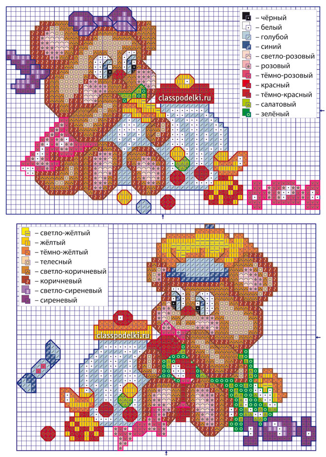 Схема вышивания мишек-детишек с обозначениями цветов нитей мулине.
