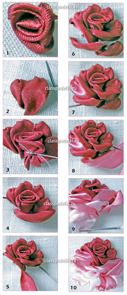 Процесс вышивания розы из атласной ленты.