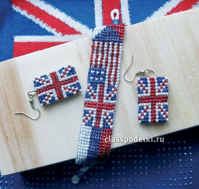 браслет и серёжки из бисера британский флаг
