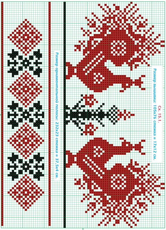Бесплатная схема вышивания крестом рушника с птичками в черно-красных цветах.