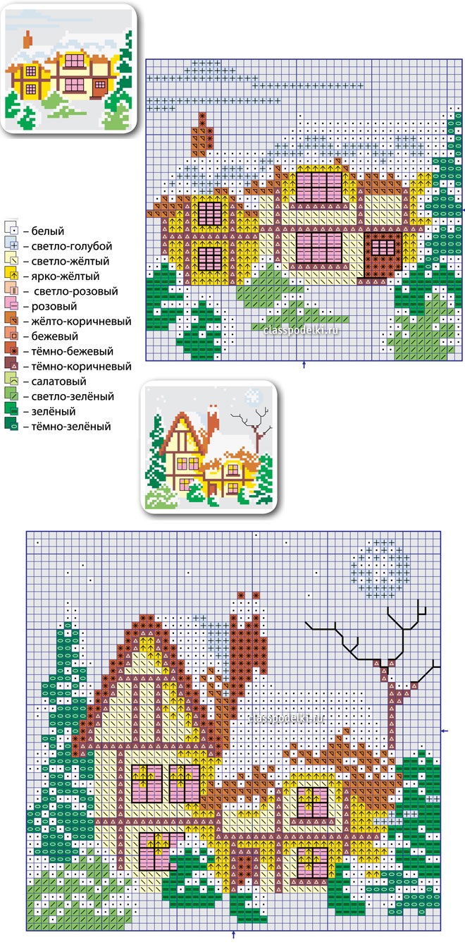 Схемы мини-вышивок крестиком с заснеженными домиками с обозначениями цветов нитей мулине.