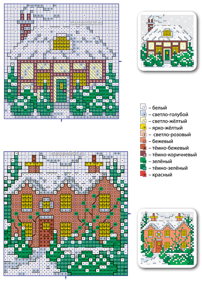 Схемы мини-вышивок крестиком с заснеженными домиками с обозначениями цветов нитей мулине.